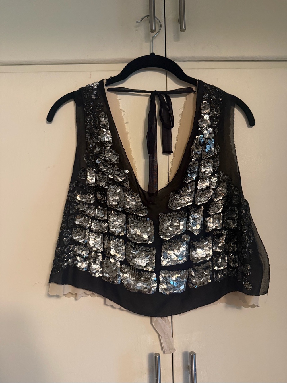 100% Silk Phillip Lim Black Sequin Cropped tie back Top